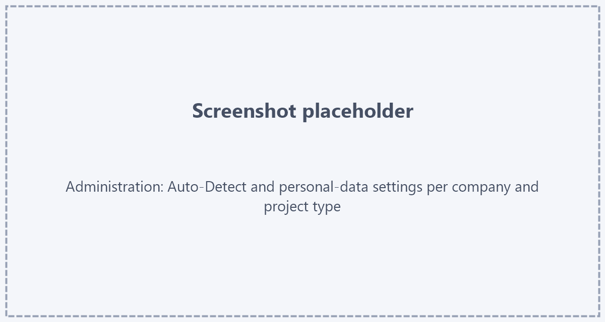 Auto-Detect settings per level Placeholder: screenshot of the Auto-Detect and personal-data settings with the three levels company, project type and project