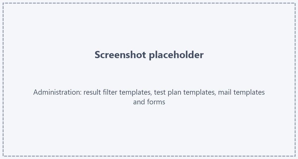 Templates offered to new projects Placeholder: screenshot of the administration pages for result filter templates, test plan templates, mail templates and forms