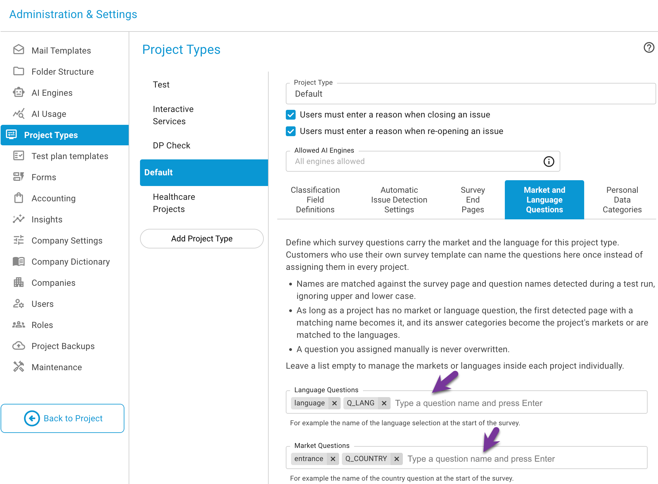 Markt- und Sprachfragen eines Projekttyps Platzhalter: Screenshot der Projekttyp-Administration mit dem Bereich Markt- und Sprachfragen - zwei Listen von Fragenamen, eine für Märkte und eine für Sprachen