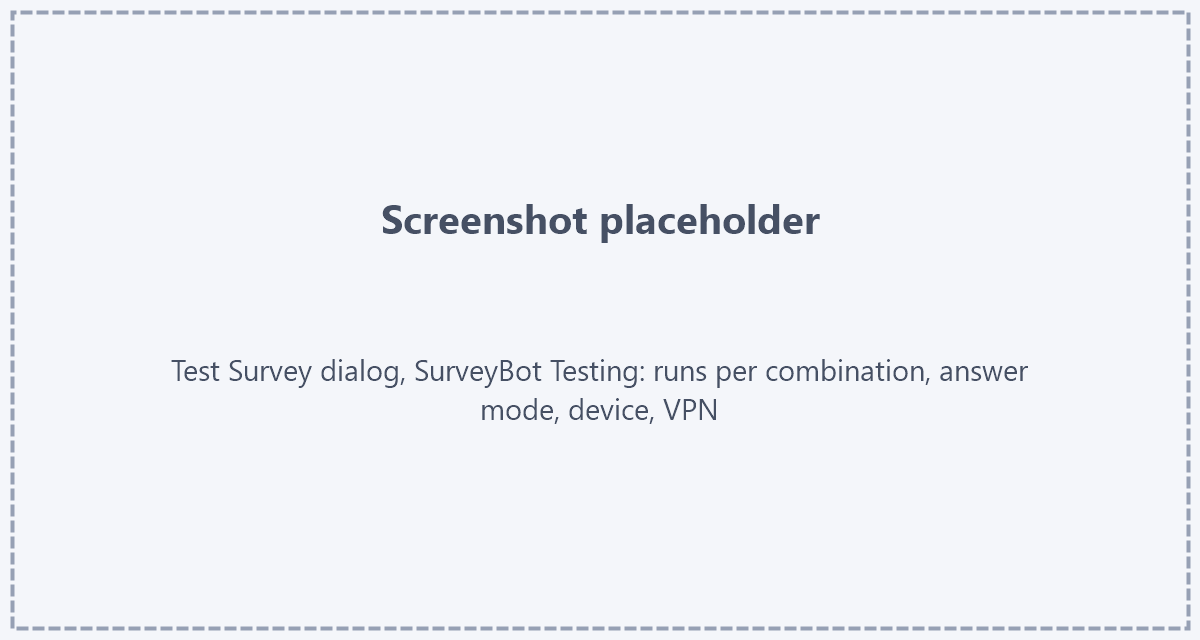 A SurveyBot job Placeholder: screenshot of the Test Survey dialog in SurveyBot Testing mode with number of runs per combination, answer mode, device and VPN options
