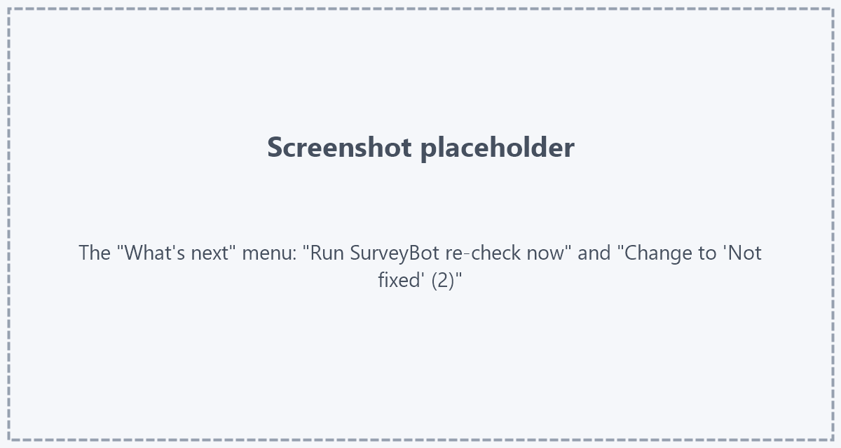 Next steps for many issues at once Placeholder: screenshot of the "What's next" menu below the button - "17 fixed issues wait for a re-check" with the button "Run SurveyBot re-check now", and "2 re-checked issues are still not fixed" with the button "Change to 'Not fixed' (2)"