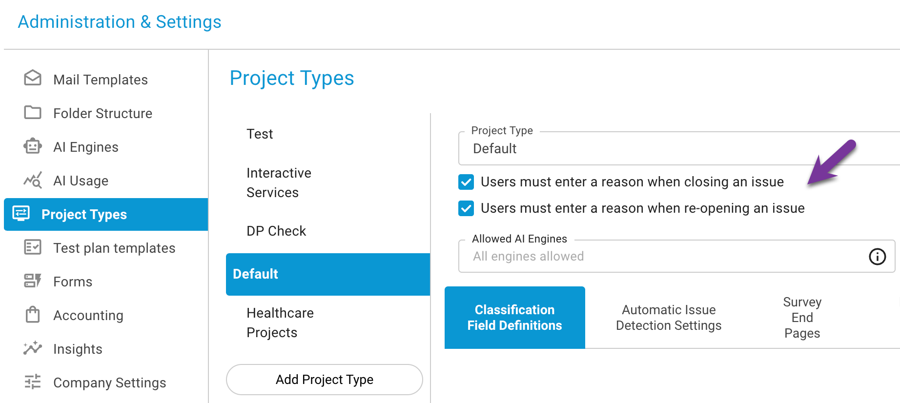 Espace réservé : capture de Administration > Types de projet avec les deux cases sous le nom du type de projet