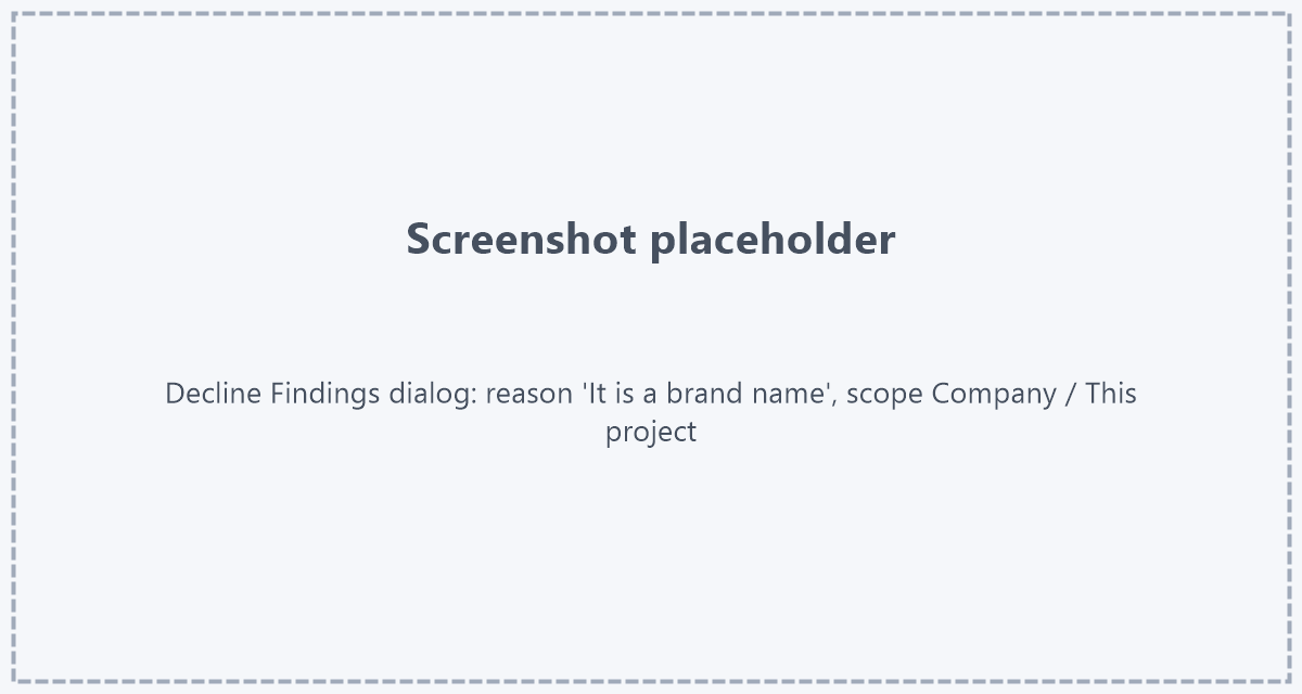 Placeholder: screenshot of the "Decline Findings" dialog with the reason "It is a brand name" selected and the scope switch "Company" / "This project"