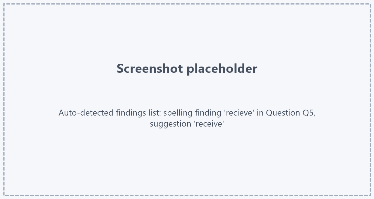 Placeholder: screenshot of the auto-detected findings list with a spelling finding - the word "recieve", the context "Question: Q5", the suggestion "receive"
