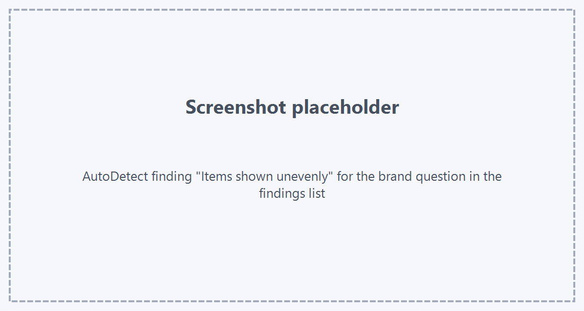 Platzhalter: Screenshot eines AutoDetect-Befunds „Items ungleichmäßig gezeigt" für die Markenfrage in der Befundliste