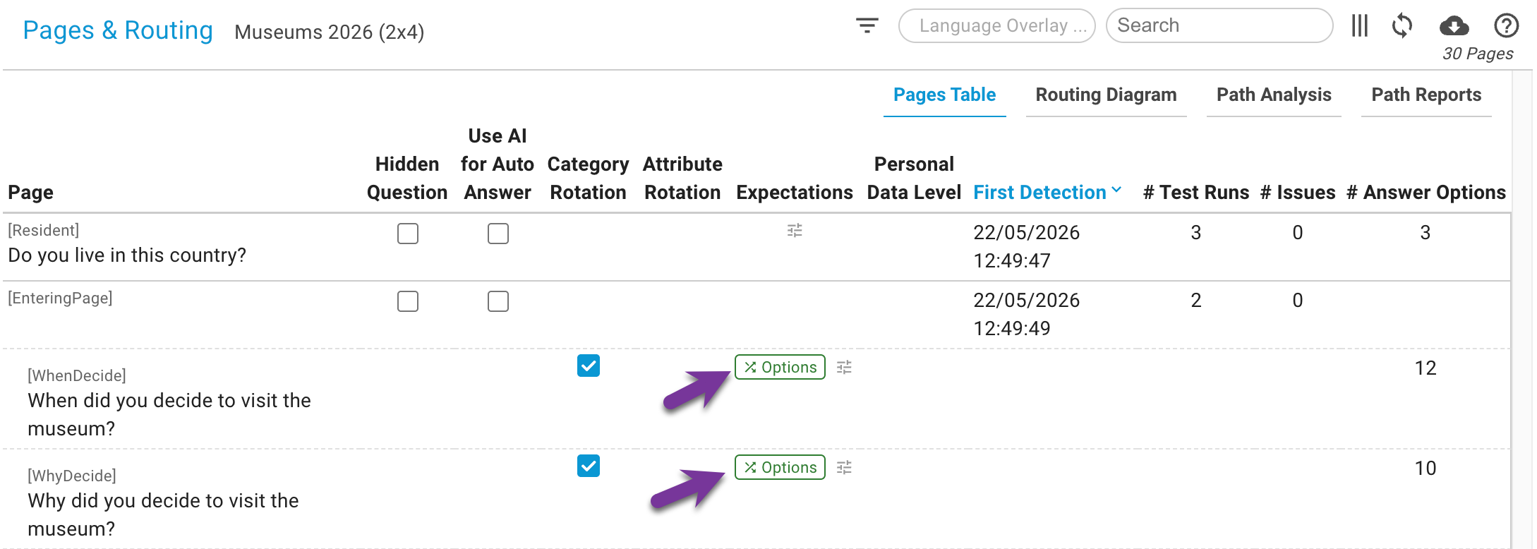 Placeholder: screenshot of the Pages & Routing table with the Expectations column - rotation icons in green and orange, a lock icon, a dependency count