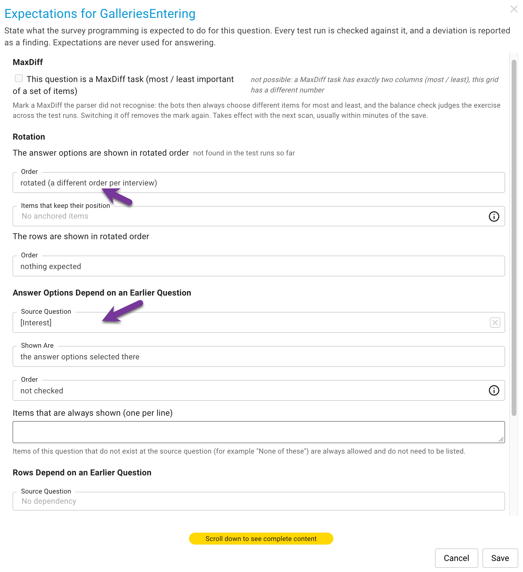 Placeholder: screenshot of the Expectations dialog with the rotation selector, the anchored items multi-select and the dependency section with source question, filter and order