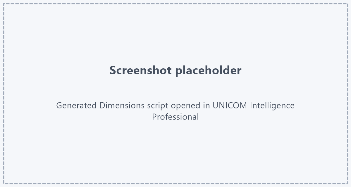 Le script généré dans UNICOM Intelligence Professional Espace réservé : capture d'écran du script Dimensions généré ouvert dans UNICOM Intelligence Professional, section métadonnées à gauche, section routage à droite