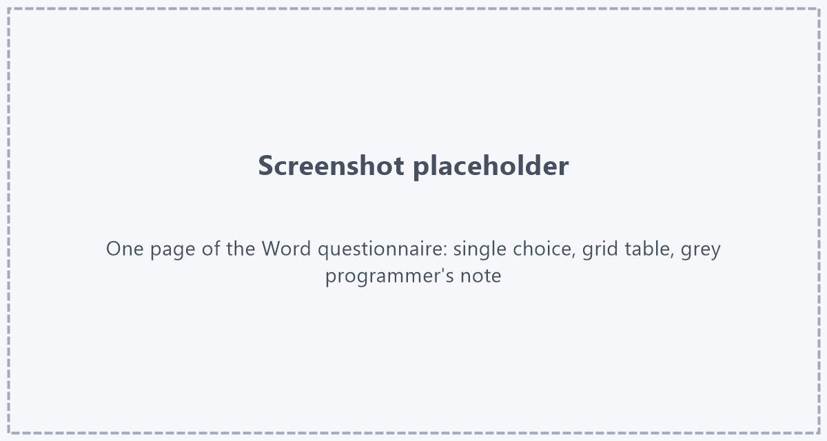 Une page du questionnaire Word avec une note de programmation Espace réservé : capture d'écran d'une page du questionnaire Word : le titre de la page, une question à choix unique avec des options en cercles, un tableau de grille et une note de programmation grise sous une question