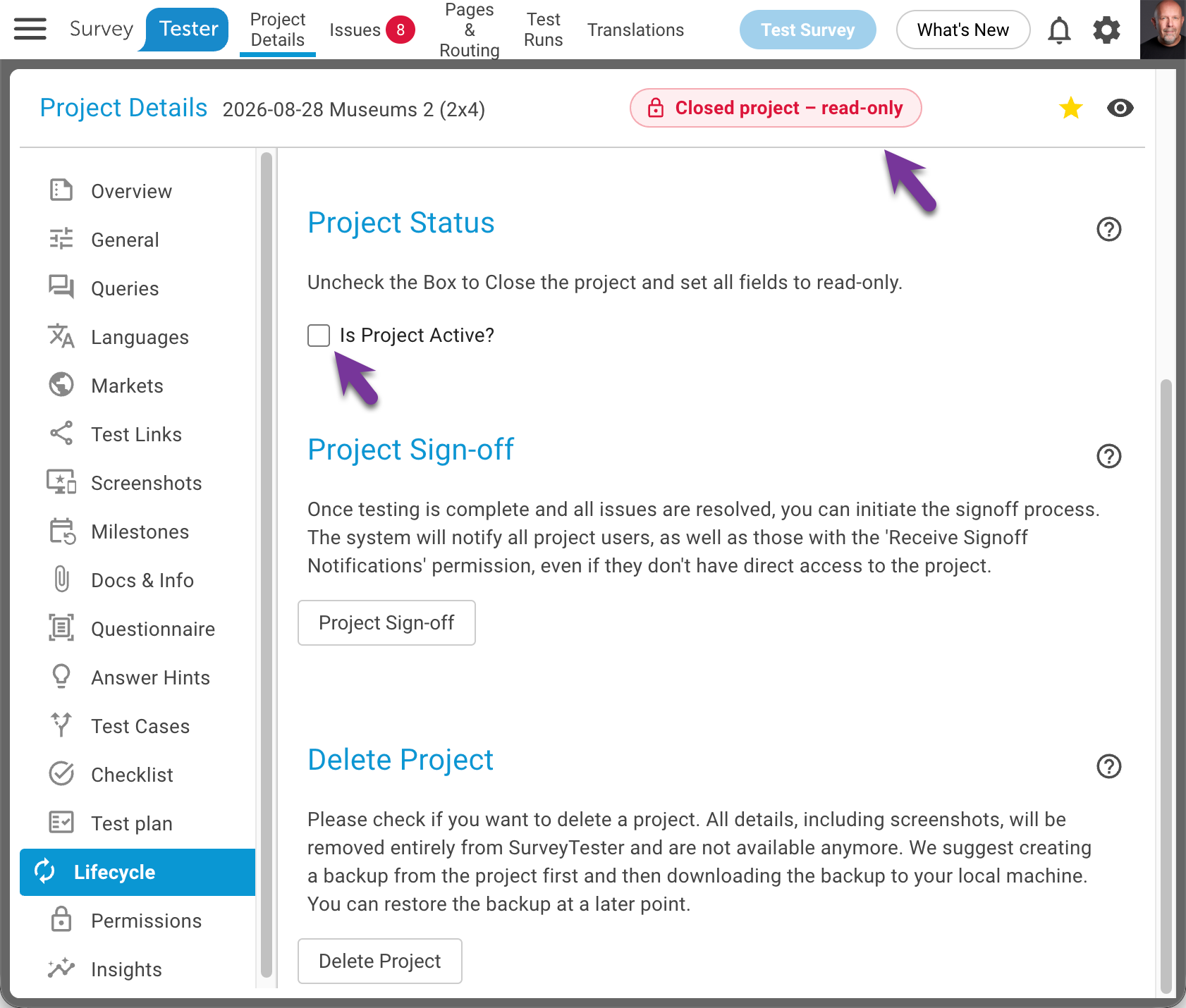 Placeholder: screenshot of the Lifecycle page, section Project Status, with the "Is Project Active?" checkbox unticked and the closed badge appearing in the page header