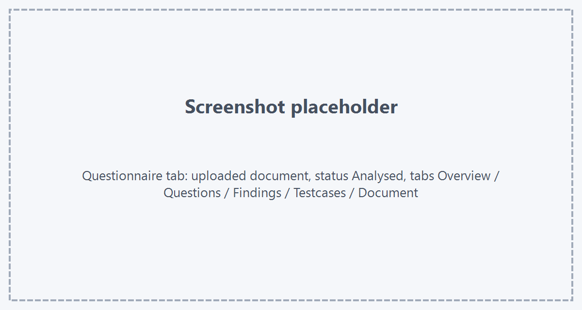 Der Reiter Fragebogen nach der Analyse Platzhalter: Screenshot des Reiters Fragebogen mit dem hochgeladenen Dokument, Status Analysiert und den Reitern Übersicht, Fragen, Befunde, Testfälle, Dokument