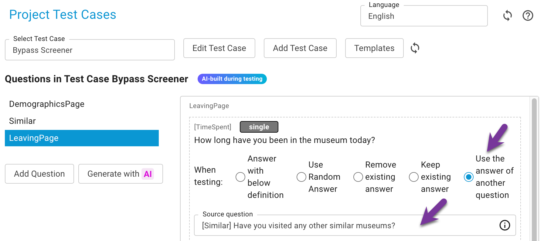 Une question de test qui suit une question antérieure Espace réservé : capture d'une question de test avec le mode « Utiliser la réponse d'une autre question » sélectionné et le sélecteur de question source