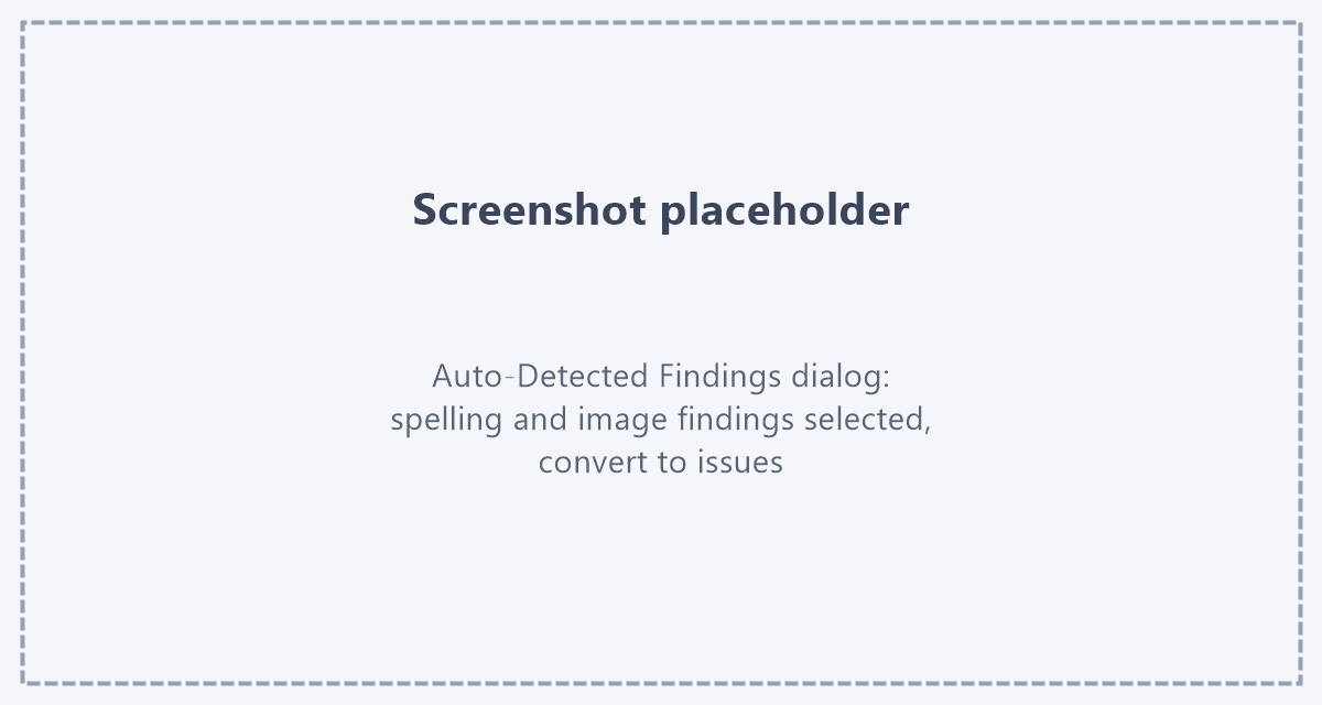 Convertir les constats en tickets Espace réservé : capture d'écran de la boîte de dialogue Constats détectés automatiquement avec des constats d'orthographe et d'image sélectionnés et le bouton pour les convertir en tickets