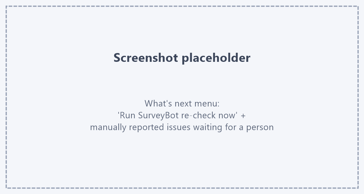 Et ensuite ? rassemble les étapes ouvertes Espace réservé : capture d'écran du menu Et ensuite ? - « tickets corrigés attendent une revérification » avec le bouton « Revérifier avec SurveyBot maintenant », et la liste des tickets signalés à la main qui attendent une personne