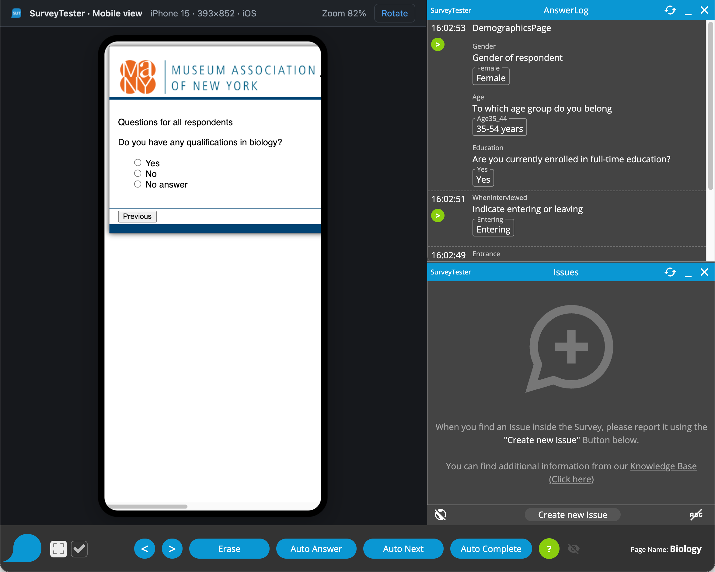 Das Fenster „Mobile view“ mit einer Umfrageseite im Hochformat; die Leiste oben zeigt Gerätename, Bildschirmgröße und Betriebssystem