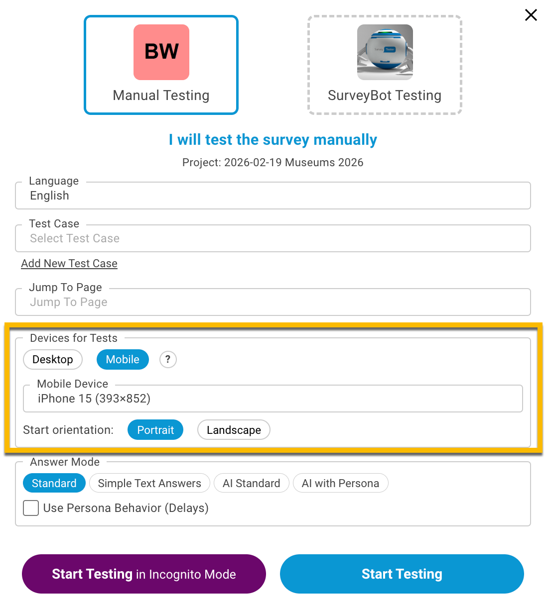 Der Dialog „Befragung Testen“ im Modus „Ich teste“ mit „Mobil“ unter „Geräte für Tests“, einem gewählten Mobilgerät und „Hochformat“ als Startausrichtung