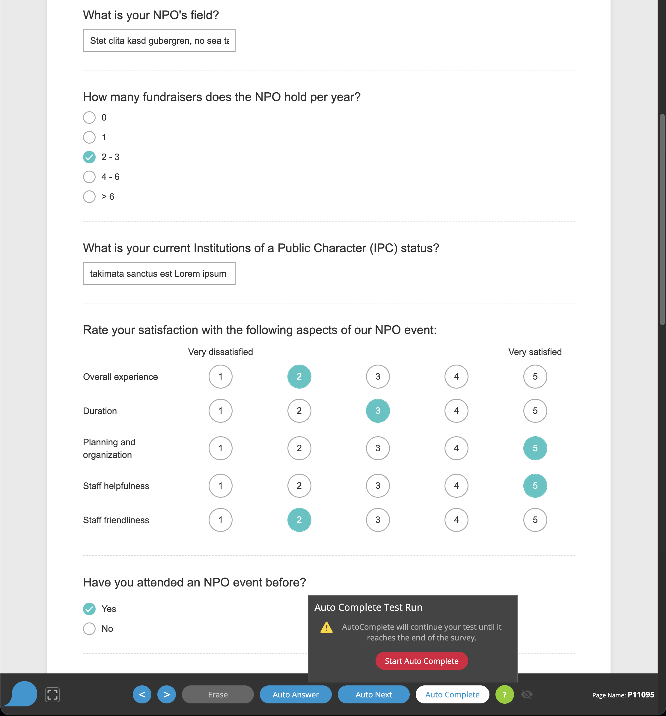 Espace réservé : capture d'une page Zoho Survey avec une échelle d'évaluation, un choix unique avec champ « Autre » et une question matricielle, la barre SurveyTester au-dessus
