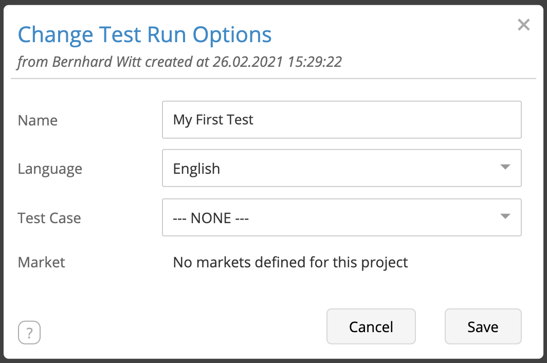 Edit Test Run Dialog